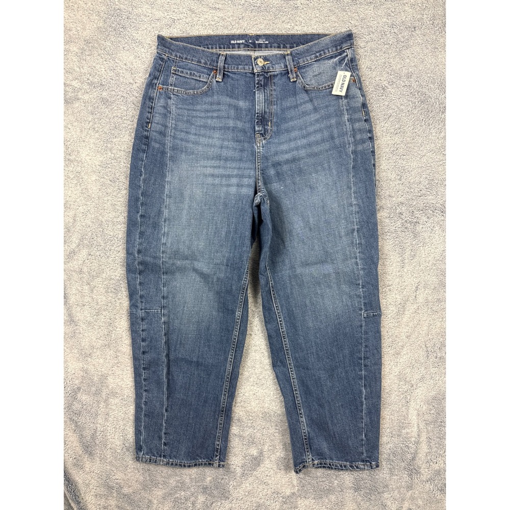 Old Navy Womens 14 Blue Barrel Leg Jeans High Rise Medium Wash Seam Detail NEW